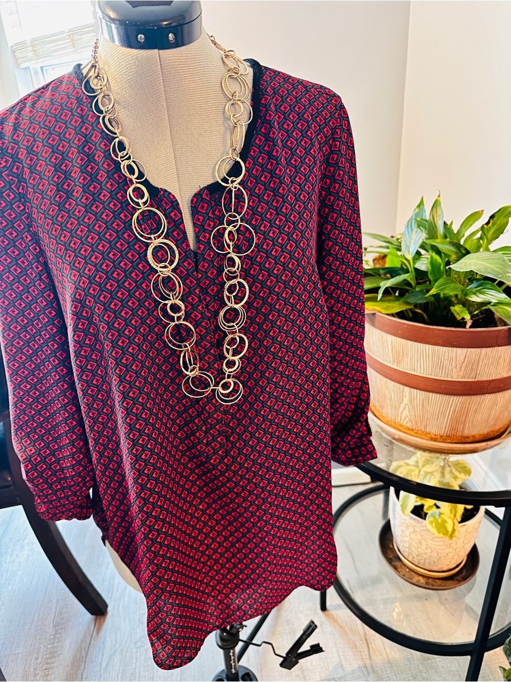 Daniel Rainn Burgundy and Black Geometric Tunic Blouse